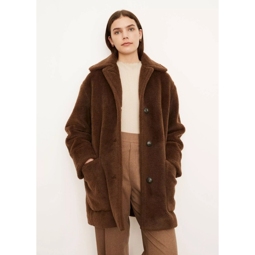 Vince | Faux Fur Car Coat Wool Blend in Bark Brown Size Large Mob Wife